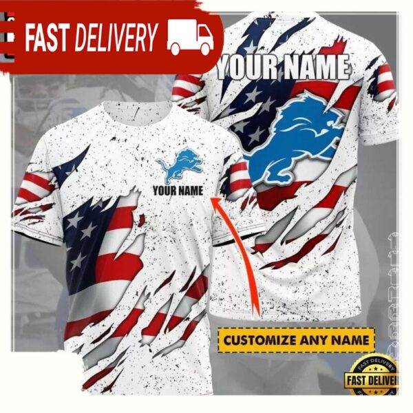 NFL Custom Name Detroit Lions US Flag All Over Print T Shirt - available at - rugbyfanstore.com