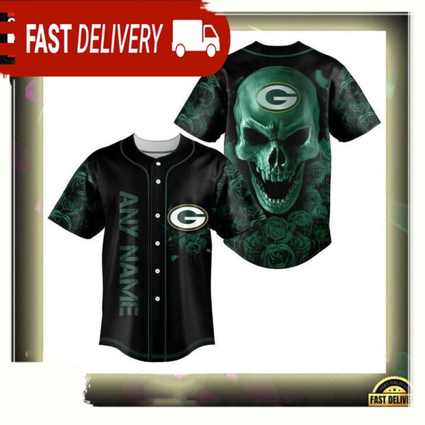 NFL Custom Name Green Bay Packers Football Skull Baseball Jersey Shirt - available at - rugbyfanstore.com