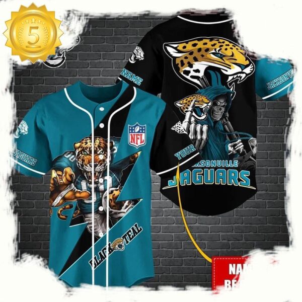 NFL Custom Name Jacksonville Jaguars Mascot And Skull New Design Baseball Jersey - available at - rugbyfanstore.com