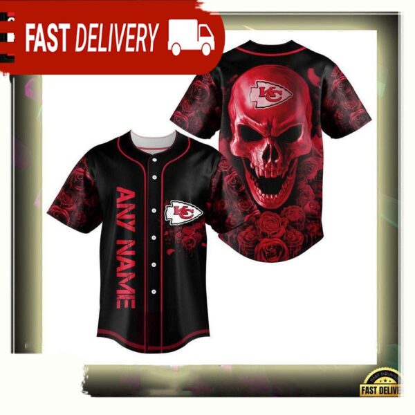 NFL Custom Name Kansas City Chiefs Football Skull Baseball Jersey Shirt - available at - rugbyfanstore.com