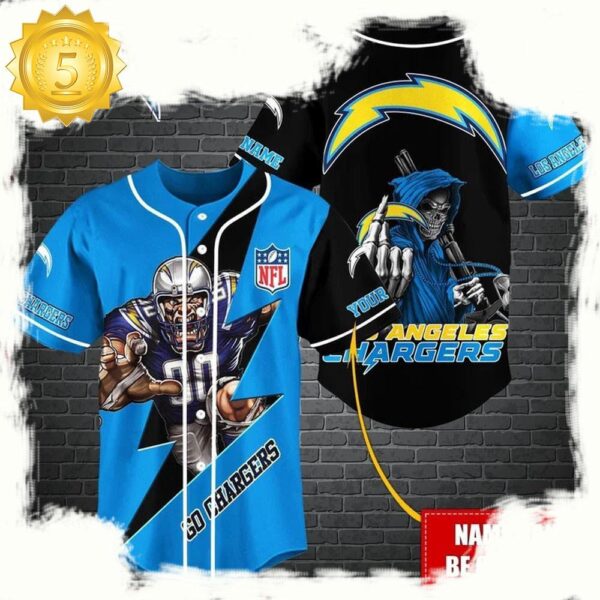 NFL Custom Name Los Angeles Chargers Mascot And Skull New Design Baseball Jersey - available at - rugbyfanstore.com