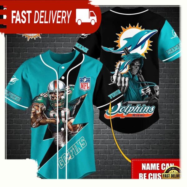 NFL Custom Name Miami Dolphins Mascot And Skull New Design Baseball Jersey - available at - rugbyfanstore.com