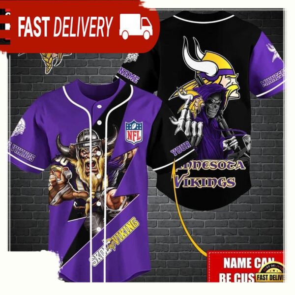 NFL Custom Name Minnesota Vikings Mascot And Skull New Design Baseball Jersey - available at - rugbyfanstore.com