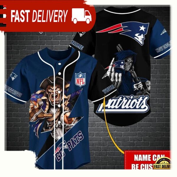 NFL Custom Name New England Patriots Mascot And Skull New Design Baseball Jersey - available at - rugbyfanstore.com