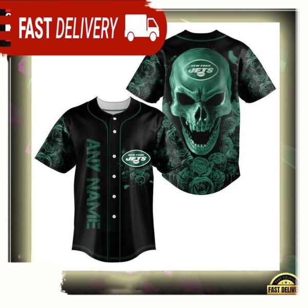 NFL Custom Name New York Jets Football Skull Baseball Jersey Shirt - available at - rugbyfanstore.com