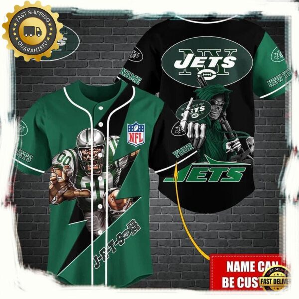 NFL Custom Name New York Jets Mascot And Skull New Design Baseball Jersey - available at - rugbyfanstore.com