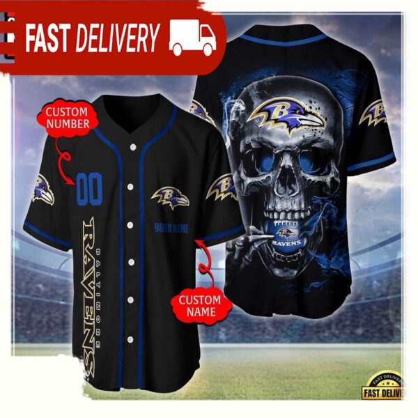 NFL Custom Name Number Baltimore Ravens Skull Face Baseball Jersey Shirt - available at - rugbyfanstore.com