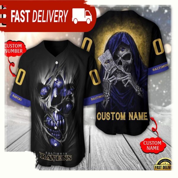 NFL Custom Name Number Baltimore Ravens Team Skull Death Baseball Jersey Shirt - available at - rugbyfanstore.com