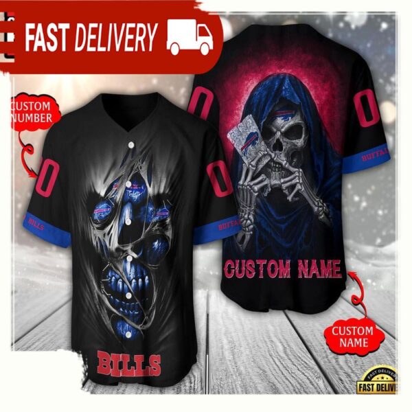 NFL Custom Name Number Buffalo Bills Team Skull Death Baseball Jersey Shirt - available at - rugbyfanstore.com