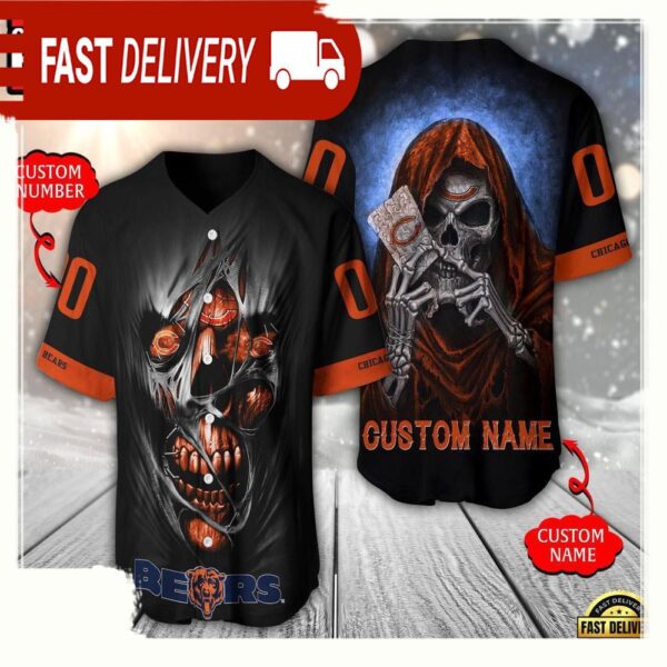 NFL Custom Name Number Chicago Bears Team Skull Death Baseball Jersey Shirt - available at - rugbyfanstore.com