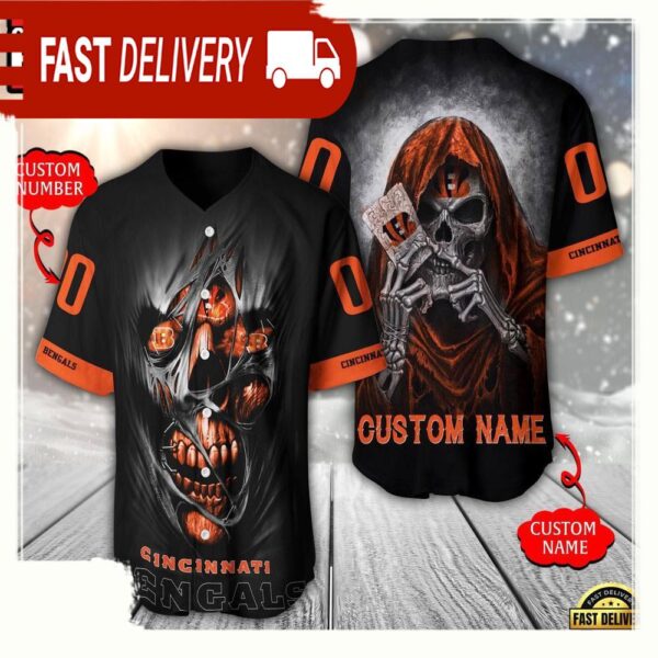 NFL Custom Name Number Cincinnati Bengals Team Skull Death Baseball Jersey Shirt - available at - rugbyfanstore.com