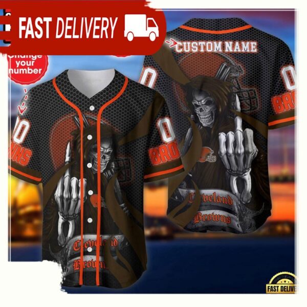 NFL Custom Name Number Cleveland Browns Skull Death Baseball Jersey Shirt - available at - rugbyfanstore.com