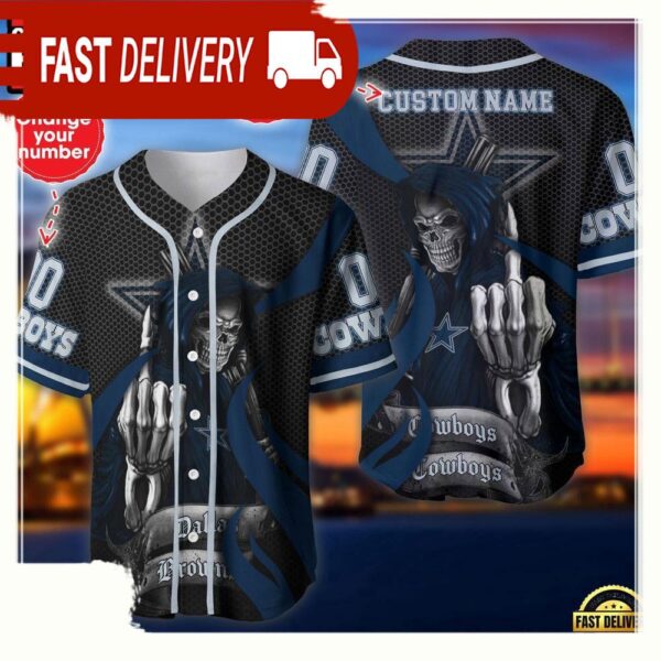 NFL Custom Name Number Dallas Cowboys Skull Death Baseball Jersey Shirt - available at - rugbyfanstore.com