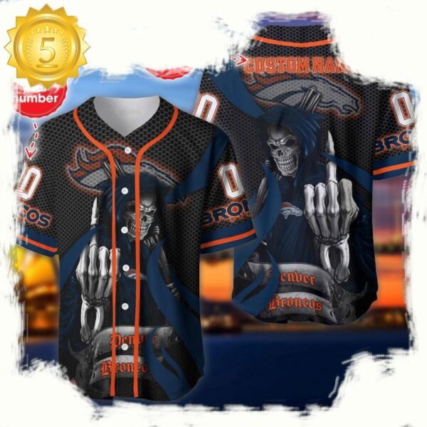 NFL Custom Name Number Denver Broncos Skull Death Baseball Jersey Shirt - available at - rugbyfanstore.com