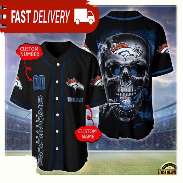 NFL Custom Name Number Denver Broncos Skull Face Baseball Jersey Shirt - available at - rugbyfanstore.com