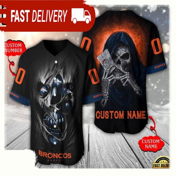 NFL Custom Name Number Denver Broncos Team Skull Death Baseball Jersey Shirt - available at - rugbyfanstore.com