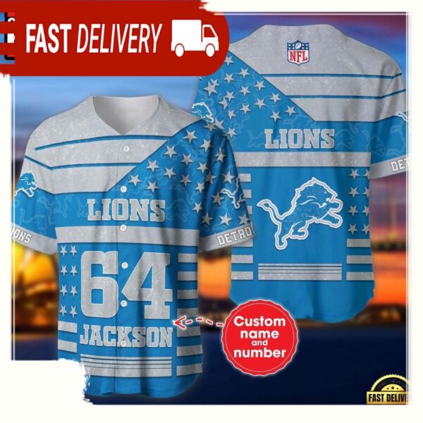 NFL Custom Name Number Detroit Lions American Flag New Design Baseball Jersey Shirt - available at - rugbyfanstore.com