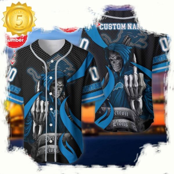 NFL Custom Name Number Detroit Lions Skull Death Baseball Jersey Shirt - available at - rugbyfanstore.com