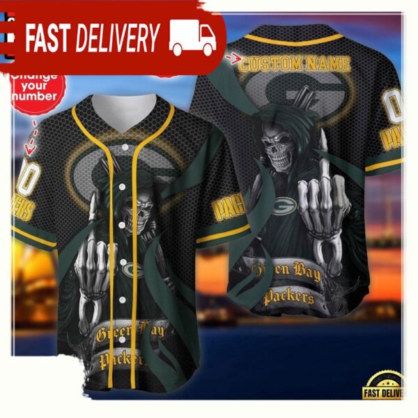 NFL Custom Name Number Green Bay Packers Skull Death Baseball Jersey Shirt - available at - rugbyfanstore.com