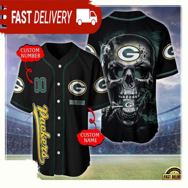 NFL Custom Name Number Green Bay Packers Skull Face Baseball Jersey Shirt - available at - rugbyfanstore.com