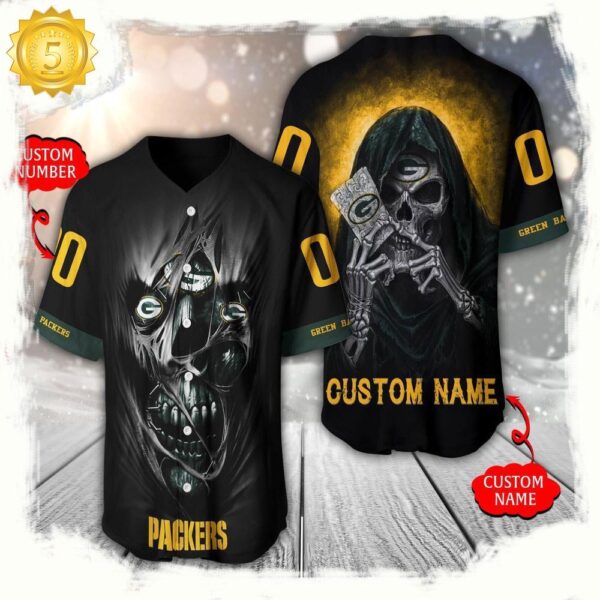 NFL Custom Name Number Green Bay Packers Team Skull Death Baseball Jersey Shirt - available at - rugbyfanstore.com