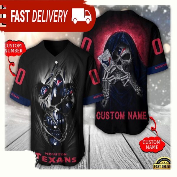 NFL Custom Name Number Houston Texans Team Skull Death Baseball Jersey Shirt - available at - rugbyfanstore.com