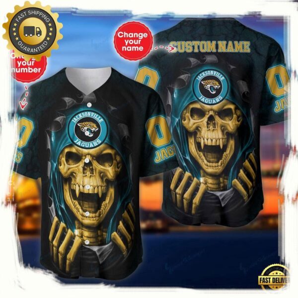 NFL Custom Name Number Jacksonville Jaguars Skull Baseball Jersey Shirt - available at - rugbyfanstore.com