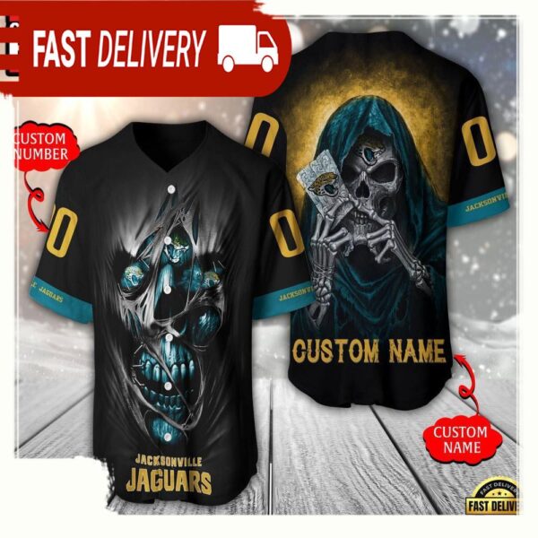 NFL Custom Name Number Jacksonville Jaguars Team Skull Death Baseball Jersey Shirt - available at - rugbyfanstore.com