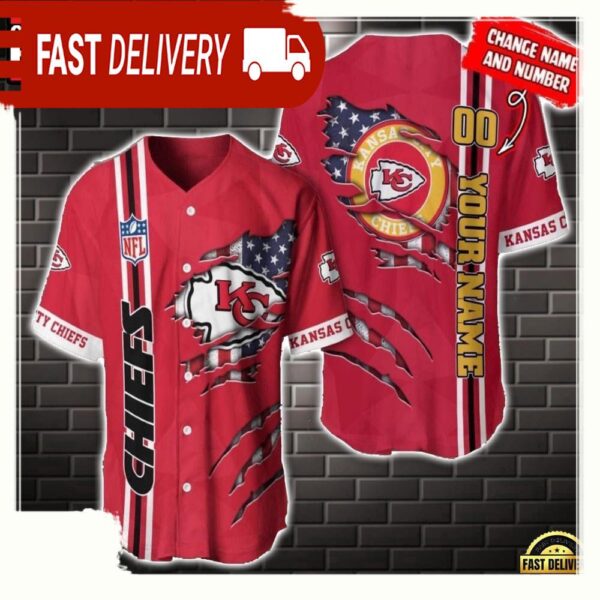 NFL Custom Name Number Kansas City Chiefs America Flag New Design Baseball Jersey Shirt Gift For Fans - available at - rugbyfanstore.com