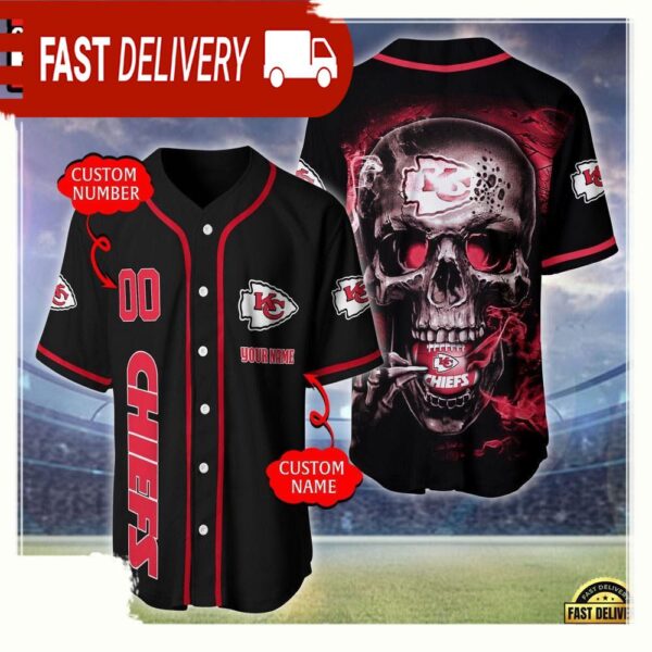 NFL Custom Name Number Kansas City Chiefs Skull Face Baseball Jersey Shirt - available at - rugbyfanstore.com