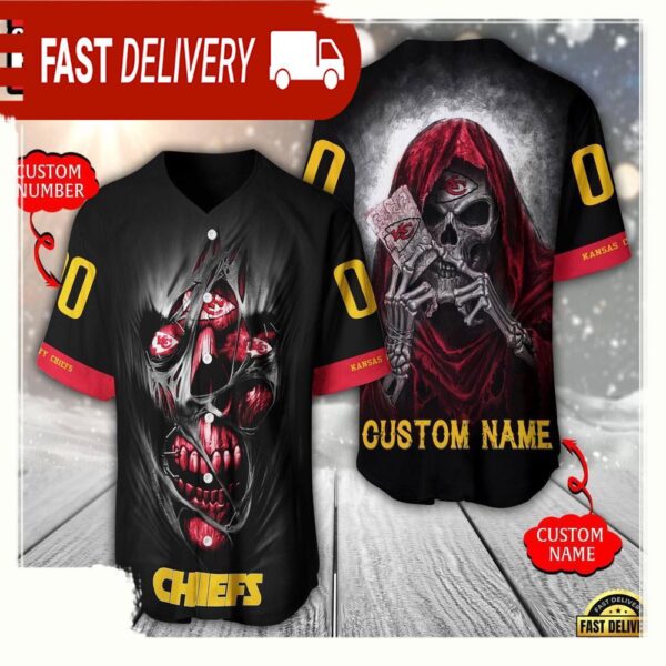 NFL Custom Name Number Kansas City Chiefs Team Skull Death Baseball Jersey Shirt - available at - rugbyfanstore.com