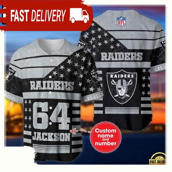 NFL Custom Name Number Las Vegas Raiders American Flag New Design Baseball Jersey Shirt - available at - rugbyfanstore.com