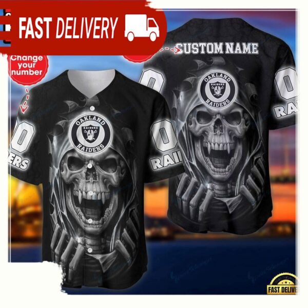 NFL Custom Name Number Las Vegas Raiders Skull Baseball Jersey Shirt - available at - rugbyfanstore.com