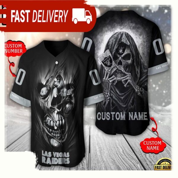 NFL Custom Name Number Las Vegas Raiders Team Skull Death Baseball Jersey Shirt - available at - rugbyfanstore.com