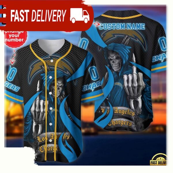 NFL Custom Name Number Los Angeles Chargers Skull Death Baseball Jersey Shirt - available at - rugbyfanstore.com