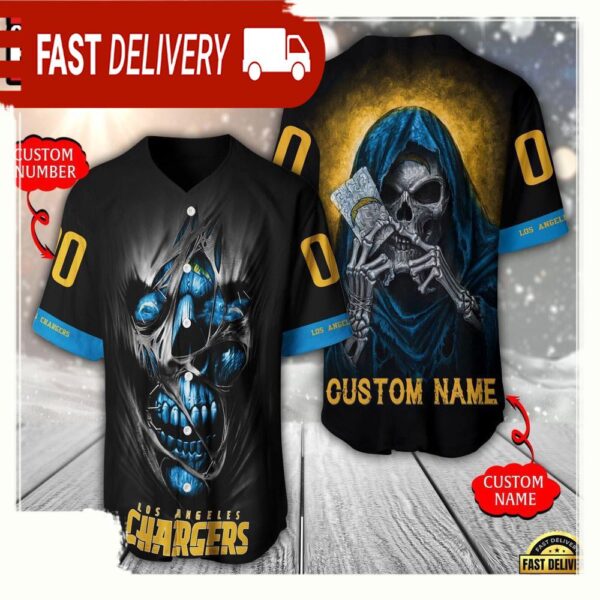 NFL Custom Name Number Los Angeles Chargers Team Skull Death Baseball Jersey Shirt - available at - rugbyfanstore.com