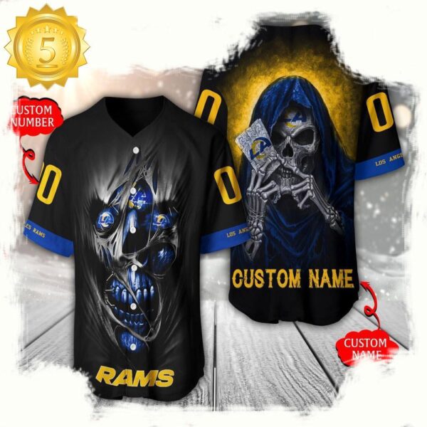 NFL Custom Name Number Los Angeles Rams Team Skull Death Baseball Jersey Shirt - available at - rugbyfanstore.com