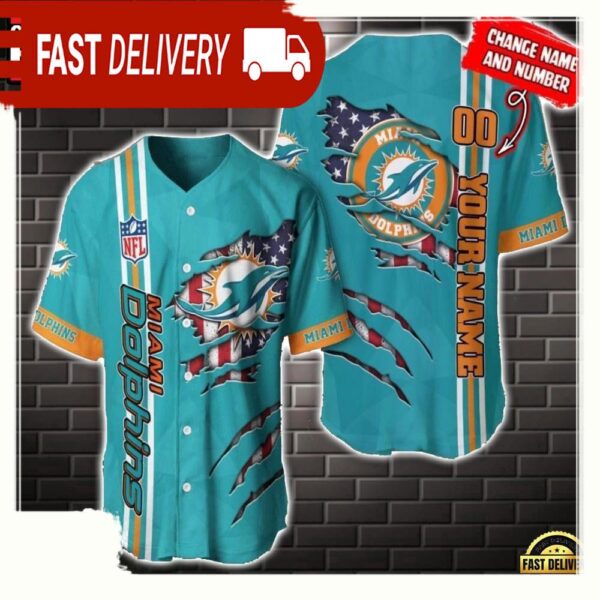 NFL Custom Name Number Miami Dolphins America Flag New Design Baseball Jersey Shirt Gift For Fans - available at - rugbyfanstore.com