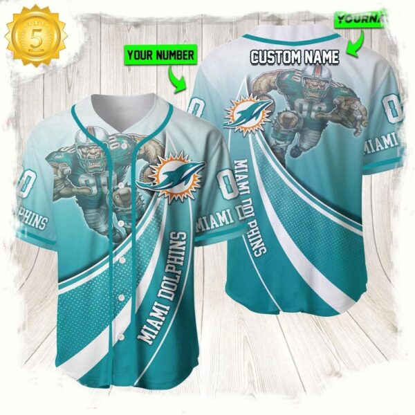 NFL Custom Name Number Miami Dolphins Mascot Football New Design Baseball Jersey Shirt - available at - rugbyfanstore.com