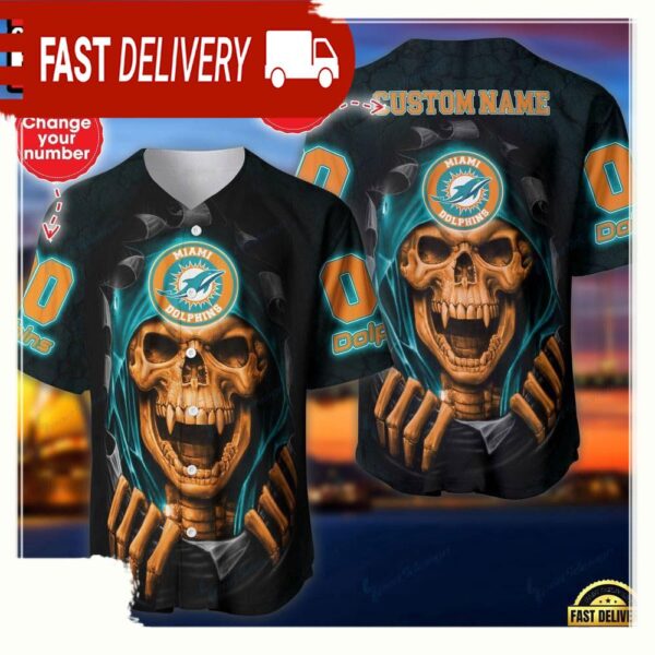 NFL Custom Name Number Miami Dolphins Skull Baseball Jersey Shirt - available at - rugbyfanstore.com