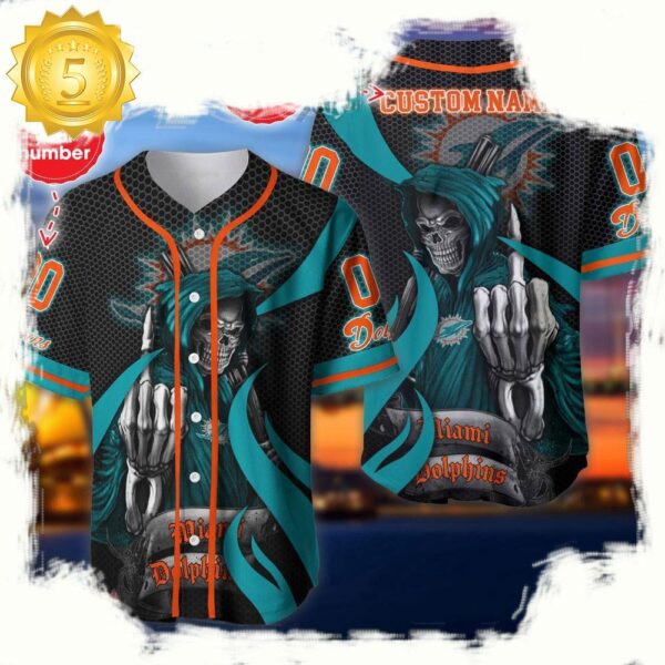 NFL Custom Name Number Miami Dolphins Skull Death Baseball Jersey Shirt - available at - rugbyfanstore.com