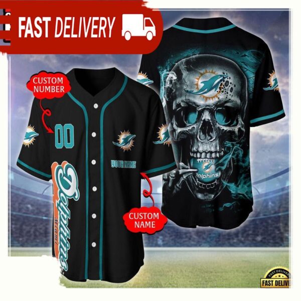 NFL Custom Name Number Miami Dolphins Skull Face Baseball Jersey Shirt - available at - rugbyfanstore.com