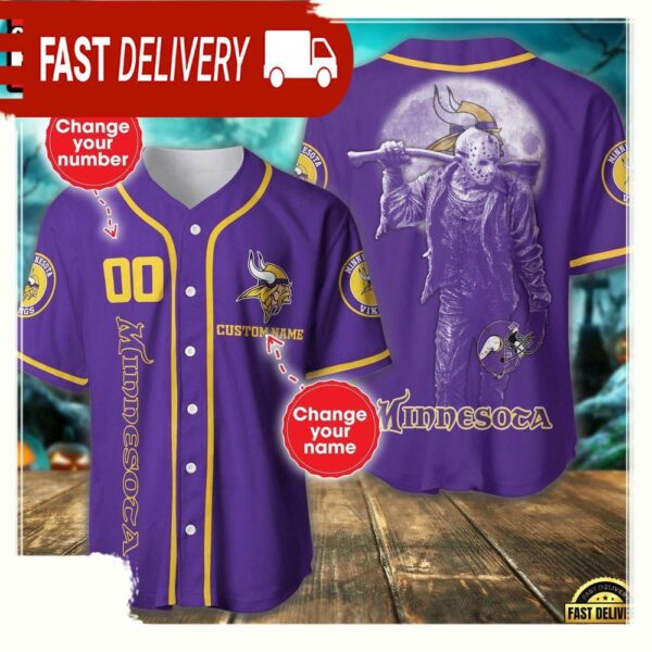 NFL Custom Name Number Minnesota Vikings Horror 3D New Design Baseball Jersey Shirt available at rugbyfanstore.com