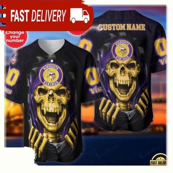 NFL Custom Name Number Minnesota Vikings Skull Baseball Jersey Shirt - available at - rugbyfanstore.com