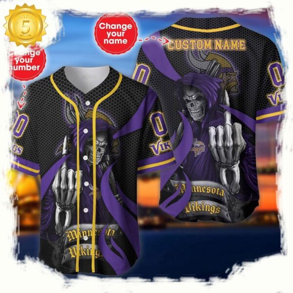 NFL Custom Name Number Minnesota Vikings Skull Death Baseball Jersey Shirt - available at - rugbyfanstore.com