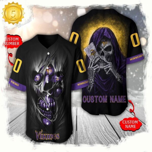 NFL Custom Name Number Minnesota Vikings Team Skull Death Baseball Jersey Shirt - available at - rugbyfanstore.com