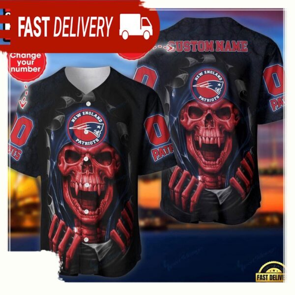 NFL Custom Name Number New England Patriots Skull Baseball Jersey Shirt - available at - rugbyfanstore.com