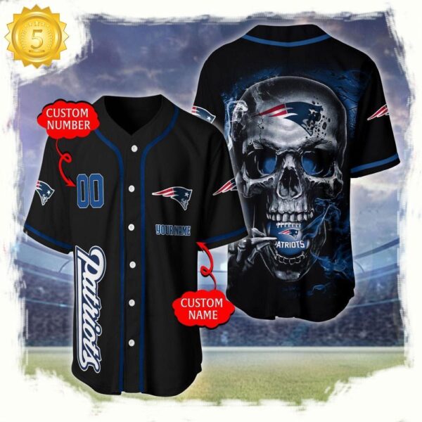 NFL Custom Name Number New England Patriots Skull Face Baseball Jersey Shirt - available at - rugbyfanstore.com