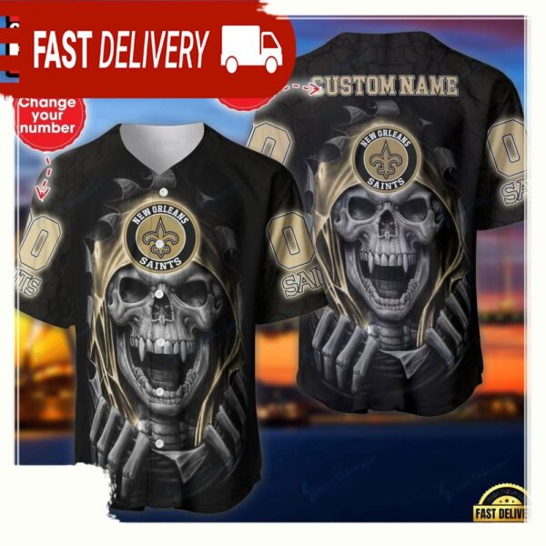 NFL Custom Name Number New Orleans Saints Skull Baseball Jersey Shirt - available at - rugbyfanstore.com