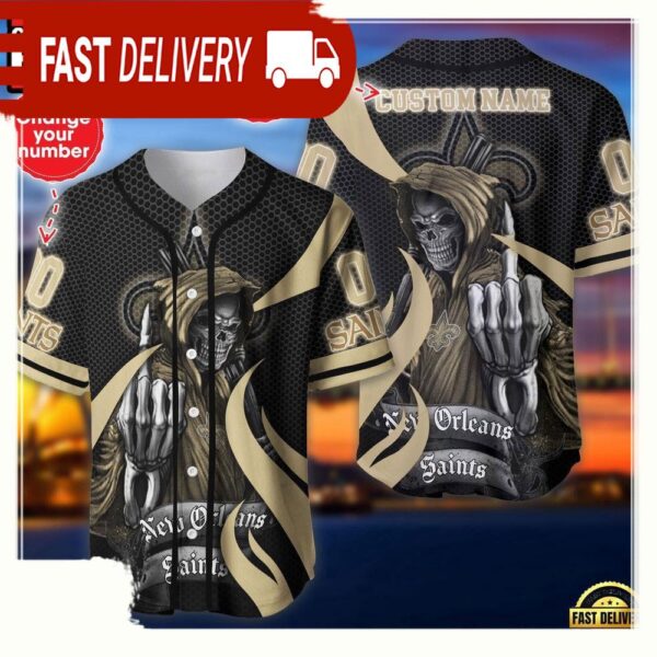 NFL Custom Name Number New Orleans Saints Skull Death Baseball Jersey Shirt - available at - rugbyfanstore.com